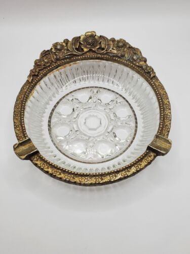 Beautiful Ornate Crystal Ashtray with Bronze Gilded Floral Wreath - Picture 1 of 9