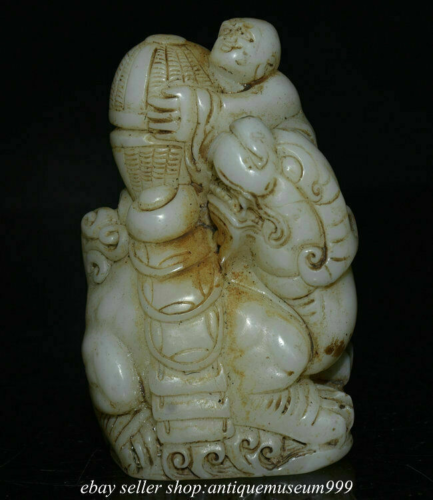 4.4" Old China White Jade Carving Feng Shui Pixiu Beast Tongzi Luck Sculpture - Picture 1 of 11