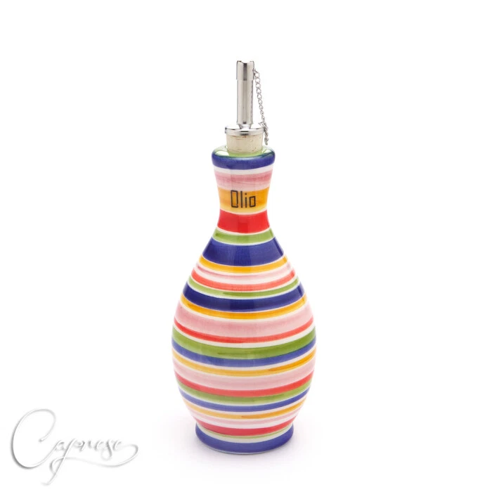 Bassano Ceramic Hand-Painted Oil Bottle 25 Cm 0.5 L Stripes Motif New Handmade