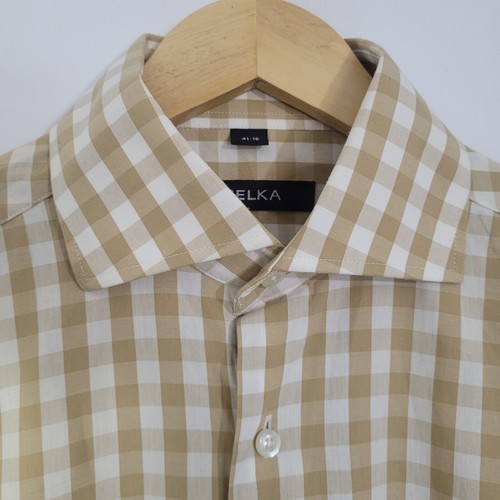 Mens MELKA Shirt Beige Medium Check Short Sleeved Cutaway Cotton Casual Formal