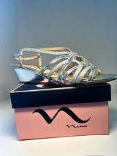 Nina Silver Glitter Strappy Wedge Sandals Ankle Strap Buckle US 7.5 M