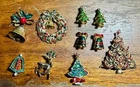 Vintage Christmas Costume Jewelry Lot Tree Wreath Holiday Brooch & Earrings