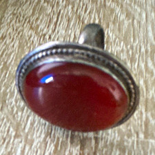 Silver Cocktail Ring Oval Red Cabochon Stone Bezel Set, Size R