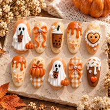 Orange Halloween Press On Nails 3D Ghost Pumpkin Boba Tea Bow Nail Art Set
