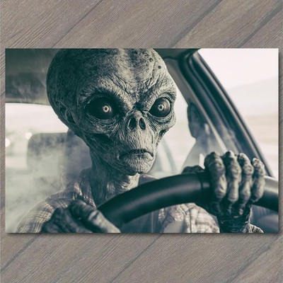 POSTCARD Alien Driving Car Realistic Extraterrestrial Sci Fi Creature Surreal