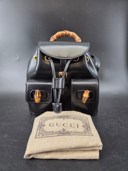Gucci Bamboo Black Leather Backpack Gold Hardware Dust Bag