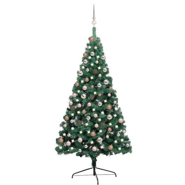 KüNstlicher Halb-Weihnachtsbaum 180 Cm Mit Beleuchtung Und Kugeln GrüN-image