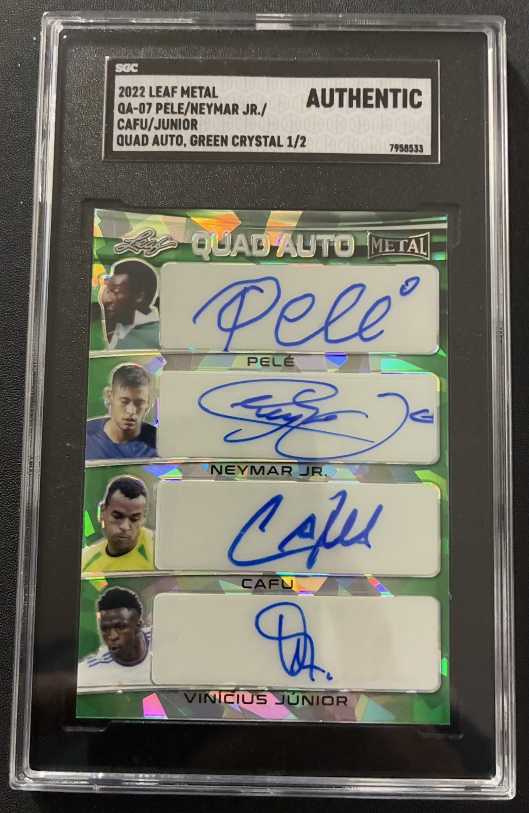 2022 Leaf Metal Quad Auto Pele Neymar Cafu Vinicius Jr. Green Crystal /2 - SGC