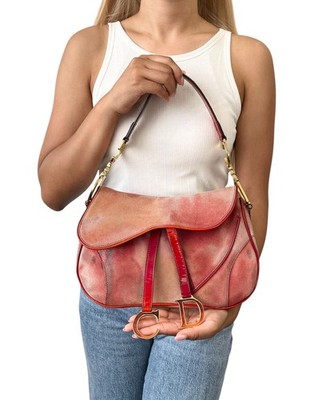 Christian Dior Vintage 2000 Double Saddle Shoulder Bag Red Gold Coated Suede