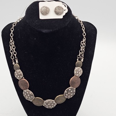 Silver Tone Swirl Disc Statement Necklace & Earrings Set Boho Spiral Bib Necklac