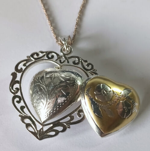 Antique Sterling Silver Swivel Heart Locket in Ornate Frame w/ Slender Chain - Picture 1 of 18