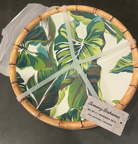 4 Tommy Bahama Bamboo Dinner Plates Hawaiian Tropical Palm Leaf Tiki Bar NEW