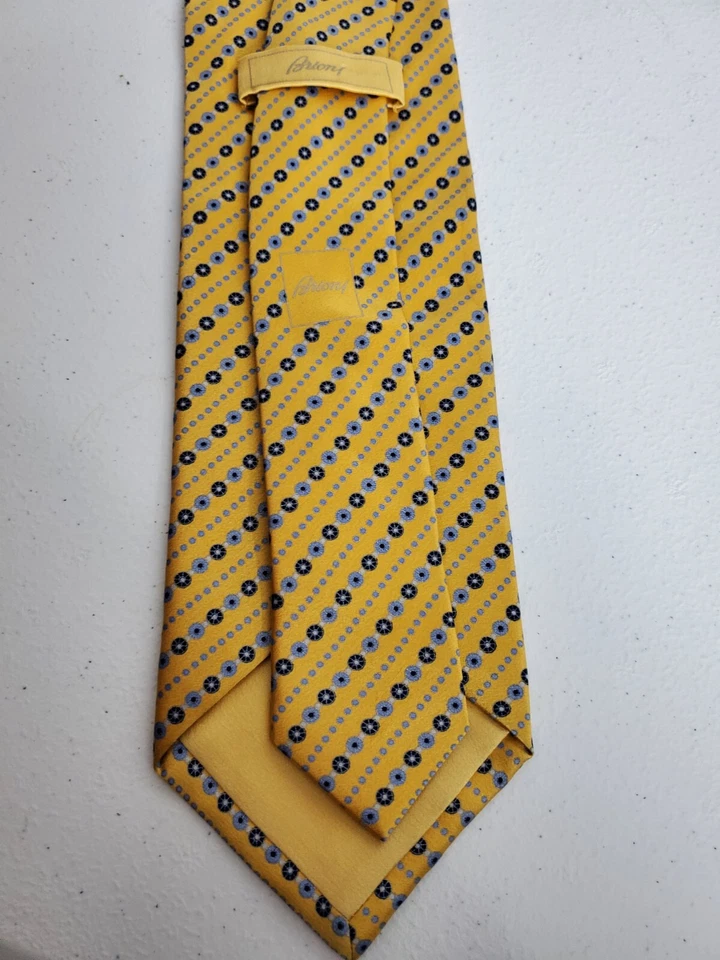 BRIONI Men Neck Tie Yellow Geometric Handmade Italy Silk 60" - Image 2 of 4