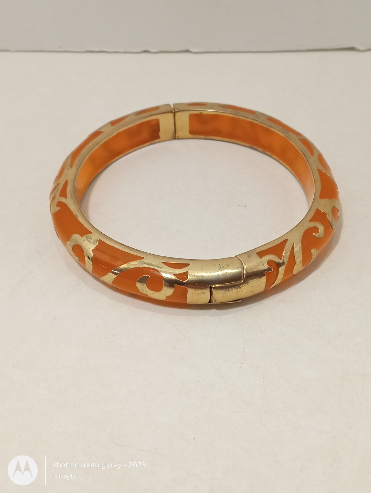 Orange Enamel Scroll Hinged Bangle Bracelet Gold … - image 6