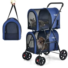 4-in-1 Double Foldable Dog Stroller Pet Travel Carriage With Detachable Carrier