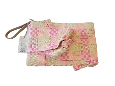   Pink Coastal Beachy Rattan XL Straw Clutch with Bow & Faux Leather Strap Boho