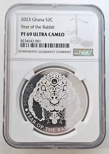 Year of the Rabbit Lunar Year 1/2 oz Proof Silver Coin Ghana 2023/ PF69 NGC