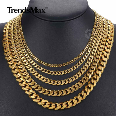 16''-36'' 3/5/7/9/11mm Gold Plated Stainless Steel Curb Cuban Mens Necklace Chain