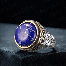 Round Lapis Lazuli Gemstone 925 Sterling Silver Handmade Statement Ring All Size