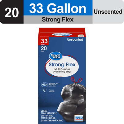   33-Gallon Drawstring Strong Flex Multi-Purpose Trash Bags, 20 Bags