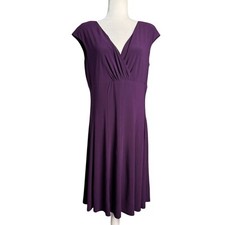 LAUREN Ralph Lauren Jersey Knit Cap Sleeve V Neck Dress Purple Raisin Womens 14
