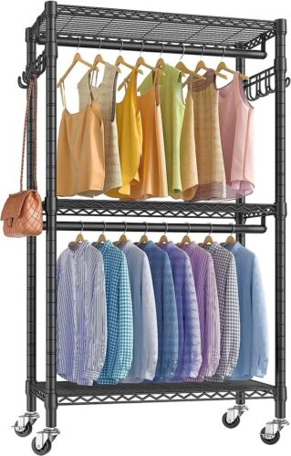 Double Clothing Rack Clothing Bar 3 Shelves Wardrobe Stand on Rolls DE - Picture 1 of 31