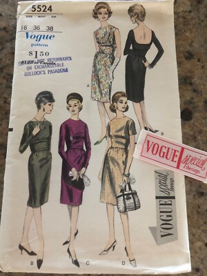 1961 VOGUE #5524 - LADIES "SPECIAL DESIGN" DAY or EVENING DRESS PATTERN 16  FF | eBay UK