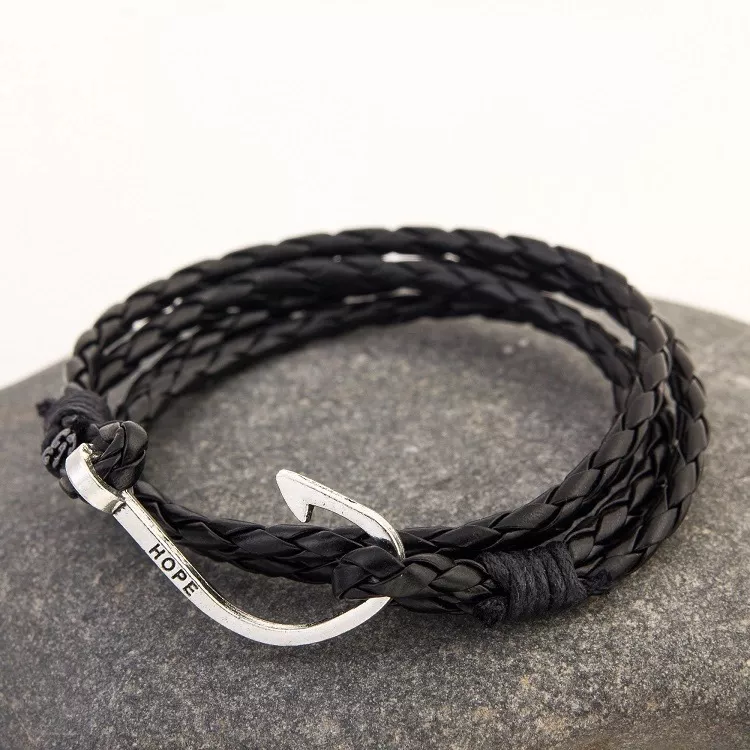 Mens Womens Braided Leather Fish Hook Hope Wrap Rope Bracelet Wristband  #B191