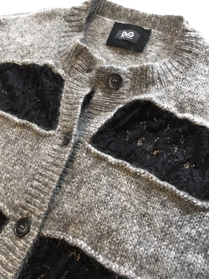 DOLCE GABBANA D&G Mujer Suéter Cárdigan Gris Lana Tejido Negro Encaje Rayas Talla M Foto 4 de 4
