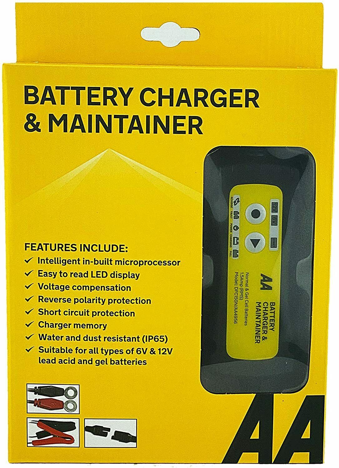 AA Smart Battery Charger Maintainer 1.5A for 6V & 12V Lead Acid, Black
