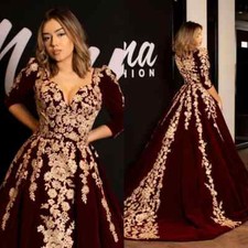 Burgundy Velvet Prom Dresses Kaftan Evening Dress Half Sleeve Gold Lace Applique