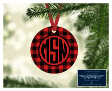 SET OF 4 MONOGRAM INITIALS METAL CHRISTMAS ORNAMENTS PERSONALIZED RED BUFFALO D7