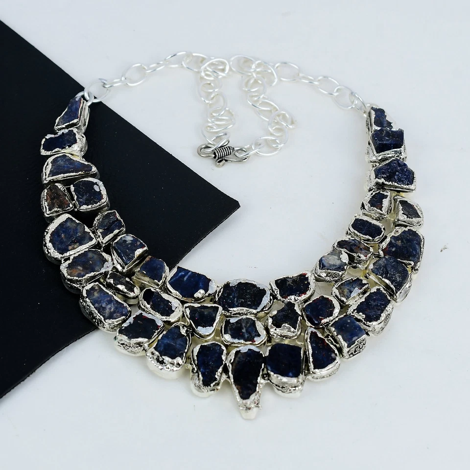 Collana In Argento Sterling 925 Con Pietra Naturale Grezza Di Sodalite Regali - Immagine 2 di 4