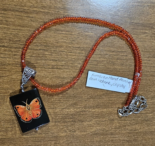 Vintage Amy Kahn Russell Hand Painted Russian Butterfly Onyx Pendant Necklace - Picture 3 of 11