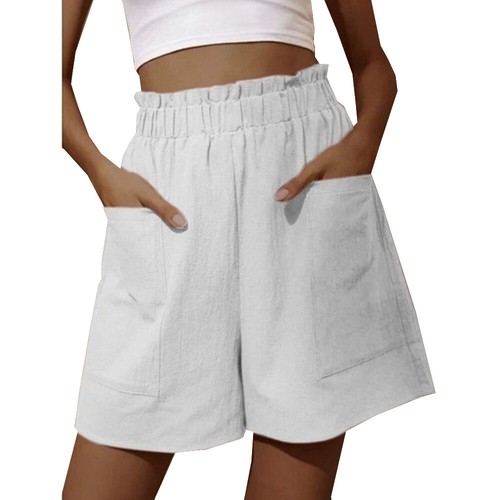 Womens Baggy High Waist Cotton Linen Shorts Ladies Solid Wide Leg Solid Pants US - Picture 9 of 17