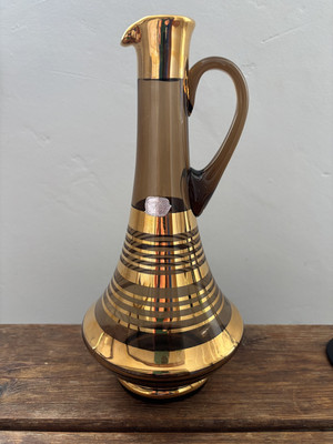 Vintage MCM Bohemia Amber Art Glass Genie Decanter Gold Banded Barware