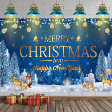 6x3.6ft Large Christmas Banner Backdrop, Blue Merry Christmas Banner Indoor New