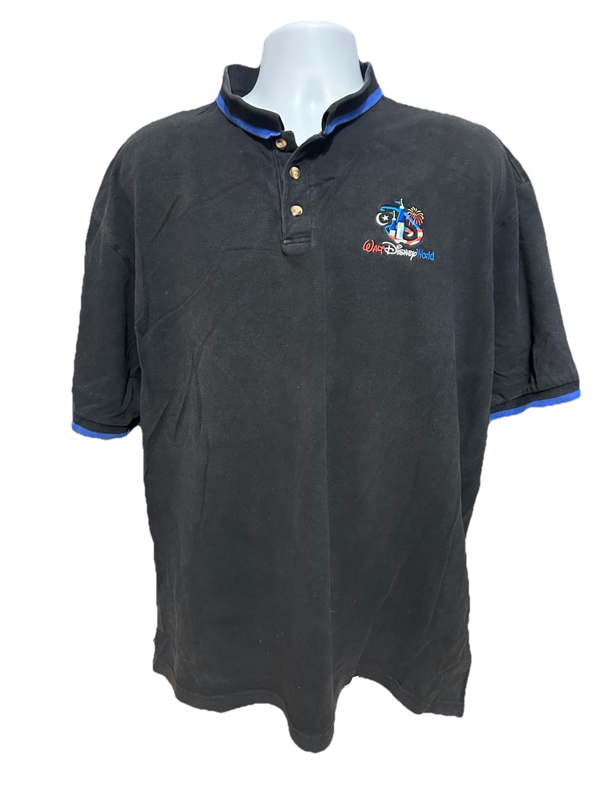 VTG Walt Disney World Polo Shirt Men 2XL Black Short Sleeve Castle Fireworks