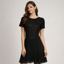 VTG Papell Womens Dress 4 Black Silk Beaded Fit & Flare Mini Cocktail LBD Party