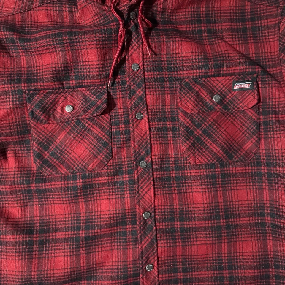 Dickies Fleece Lined Hooded Shirt Jacket Men XXL Red Black Pockets Snap Work - Image 2 of 4