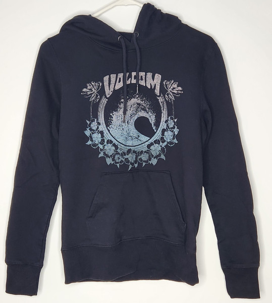 Volcom Hoodie Women's Size 8 Black Graphic Print Surf Skate Beach Streetwear