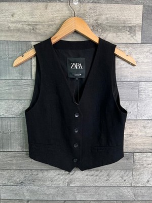 Zara Womens Waistcoat Size XS Black Vest Linen Blend Smart Casual Office
