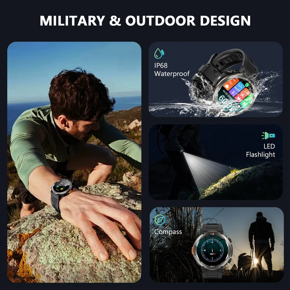 Militär Smartwatch mit Bluetooth-Anrufe 5ATM Wasserdicht 960mAh Fitnessuhr Neu - Bild 4 von 4