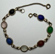 Vintage Glass Scarab Bracelet Gold Tone Egyptian Revival Beetles 7 inches