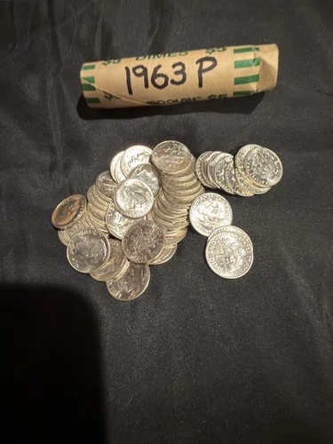 1963P ROOSEVELT SILVER DIME $5 ROLL 50 COINS BEAUTIFUL