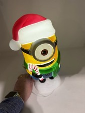 Gemmy Minions Stuart Christmas Lighted Decor 11" Figure Candy Cane Santa Hat NEW