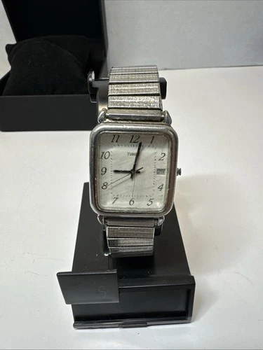 Vtg Timex Rectangular Men Watch Silver Tone 28mm Date Stretch Band New Battery