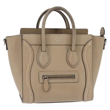 CELINE Luggage nano Hand Bag Leather 2way Beige Silver Auth yk19706