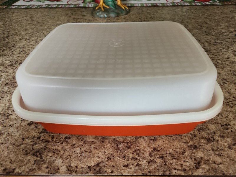 Vintage Tupperware Square Container with Lid – Burnt Orange Base & Sheer White