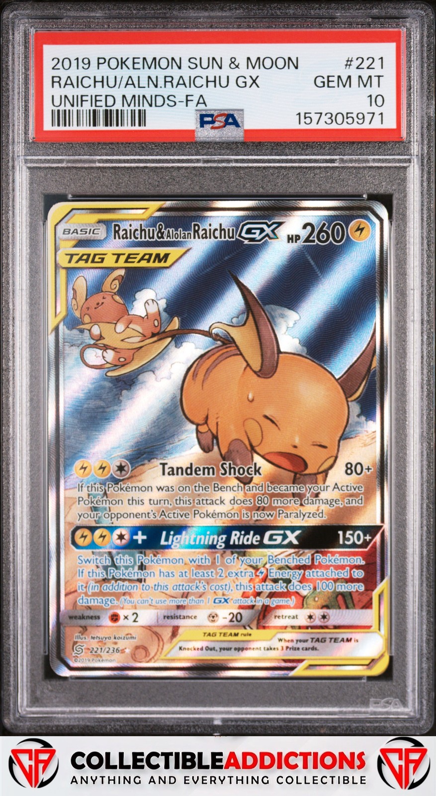 2019 Pokemon Sun & Moon Unified Minds #221 Raichu & Alolan Raichu Gx PSA 10